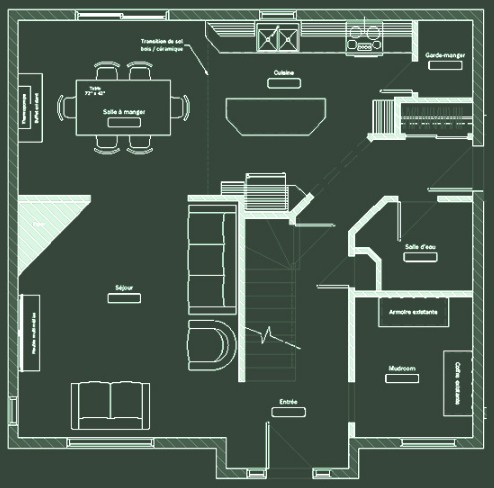 Plan du rez-de-chaussée avant les travaux : cuisine fermée, salle à manger isolée et mudroom, résidence de Québec